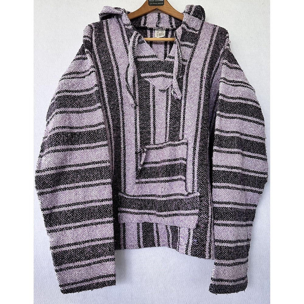 Baja Poncho Hoodie XXL Men's Purple Striped Hippie BOHO Grunge 90s Beach Mexico